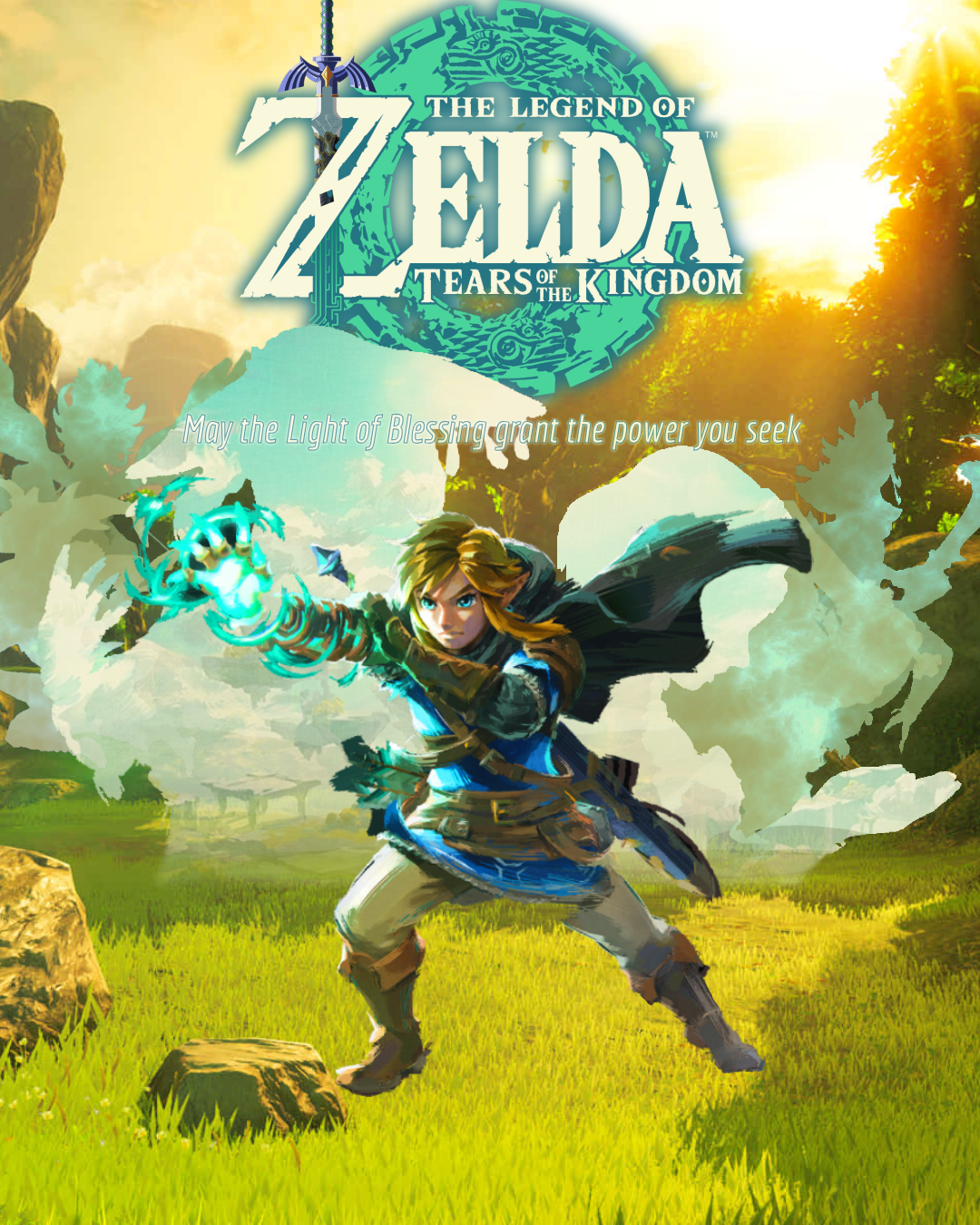 Poster featuring Link (from the Legend of Zelda: Tears of the Kingdom) alongside silhouettes of Rauru, Zelda, and the warriors